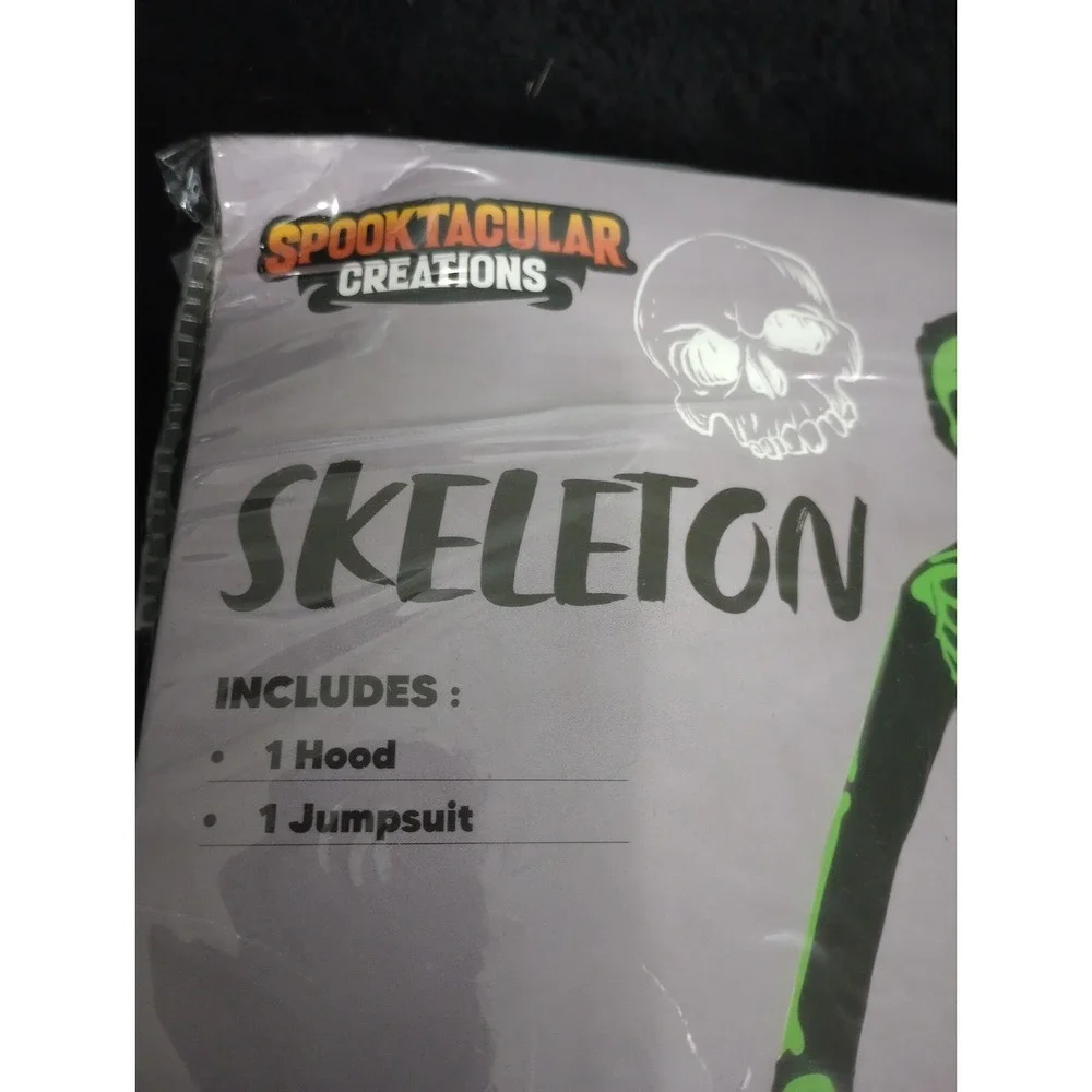Kids Skeleton Halloween Costume Glow Green Black Jumpsuit Hood Size S 5-7...‎